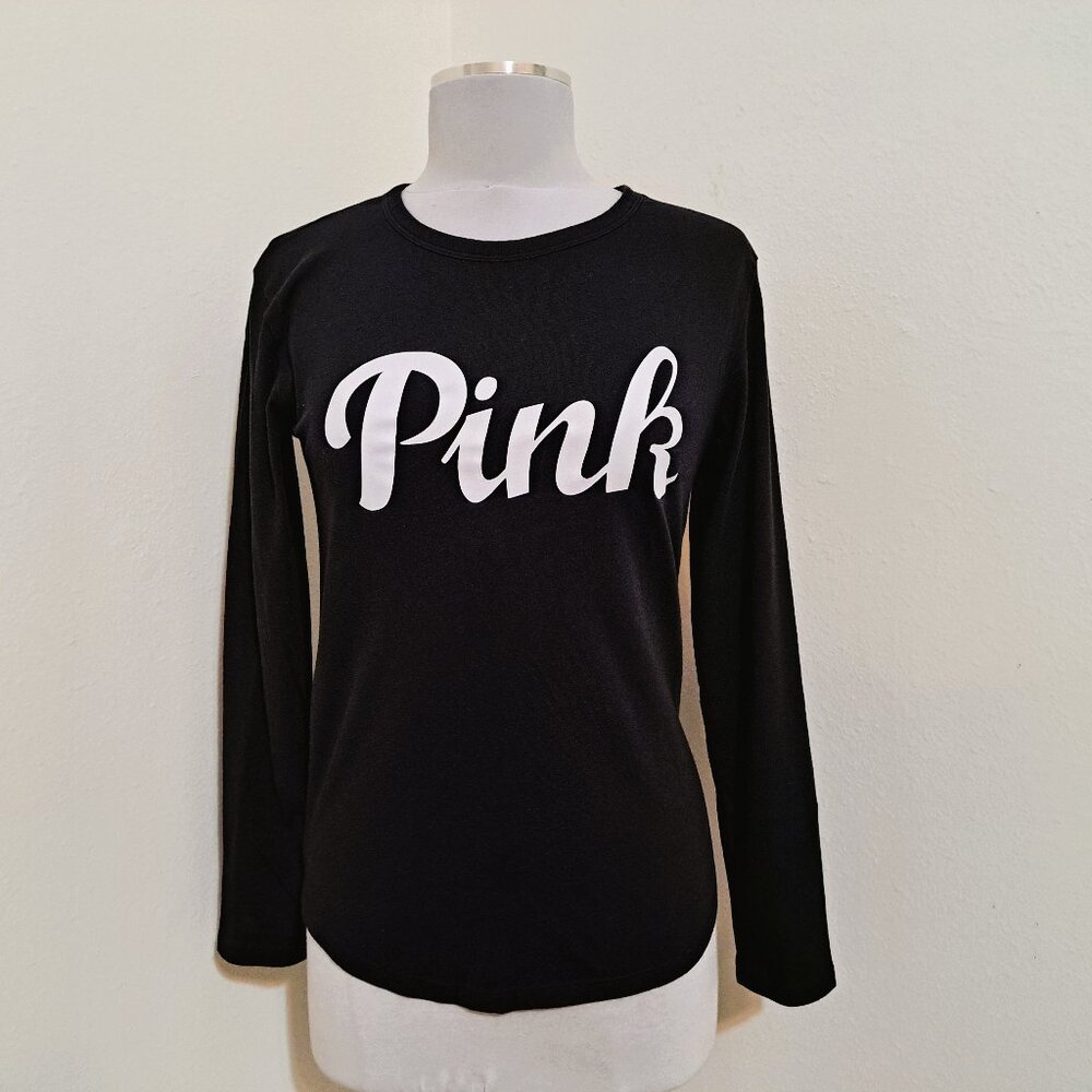 Pink Victoria Secret T-Shirt Long Sleeve Black/White Logo Size S/P/CH